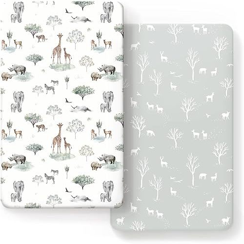 GRSSDER Stretch Ultra Soft Jersey Knit Fitted Crib Sheets Set 2 Pack,Fit All Standard Crib Mattress Pads Safe and Snug, Crib Fitted Sheet for Boys and Girls, Pretty African Savannah Animals Pattern