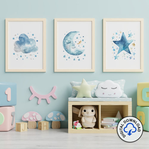 Celestial Nursery Decor Set - Moon, Star, and Cloud Printable Wall Art