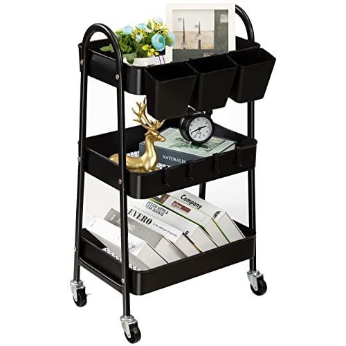 danpinera 3-Tier Rolling Cart, Metal Rolling Storage Cart with Lockable Wheels & Hanging Cups & Hooks, Mobile Trolley Cart for Kitchen, Bathroom, Office, Workshop, Black