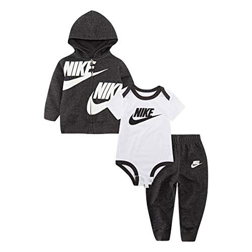 Nike Baby Boys Full Zip Hoodie, Short Sleeve Bodysuit & Pants 3 Piece Set (Black Heather(5UF468-K08)/White, 3 Months)