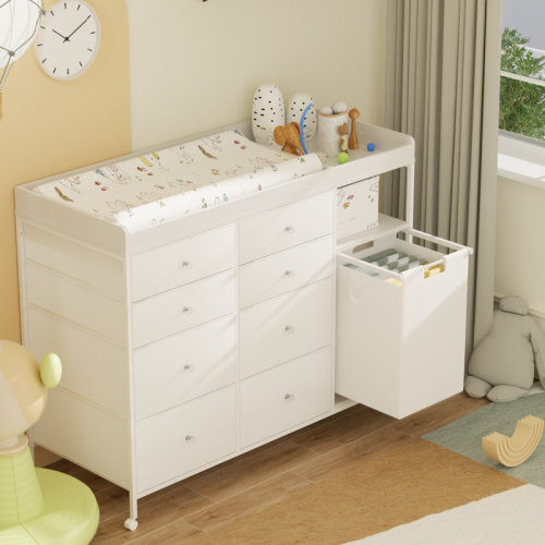 East Urban Home Changing Table Dresser With 8 Fabric Drawers, Baby Dresser With Storage For Nursery Modern, White | Wayfair