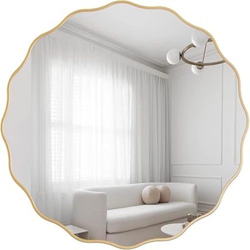Gold Circle Mirror 24 Inch Round Wavy Mirror Decorative Waved Edge Wall Mirror Gold Vanity Mirror Irregular Wall Mirror Circular Wood Framed Mirror for Bathroom Living Room