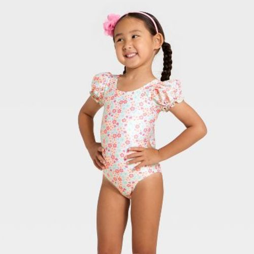Toddler Girls' Puff Sleeve Ditsy Floral One Piece Swimsuit - Cat & Jack™ Cream 18M
