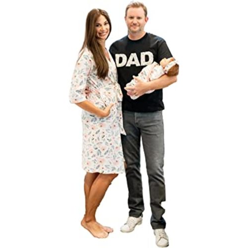 Baby Be Mine Maternity Nursing Delivery Robe & Baby Girl Swaddle Blanket Set with Daddy T-Shirt at Amazon Women’s Clothing store - Large
