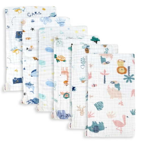 Maliton 6 Pack Baby Muslin Burp Cloth for Boys & Girls - 100% Cotton Extra Large 20"x10" - 6 Layers Thicken Super Soft Absorbent - White Animal