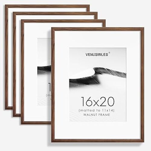 16x20 Picture Frame Set of 4 Natural Solid Walnut Photo Frames with 11x14 Removable Mat Wall Hanging Large Handcrafted Frame with HD Plexiglass Wall and Tabletop Display Large Poster Frame