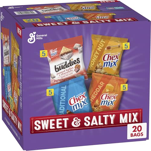 Chex Sweet & Salty Snack Variety Pack, Individually Wrapped Snack Bags, Party and Lunch Packs, Muddy Buddies Peanut Butter and Chocolate, Chex Mix Traditional, Cheddar, Honey Nut, 35 oz/20 Bags