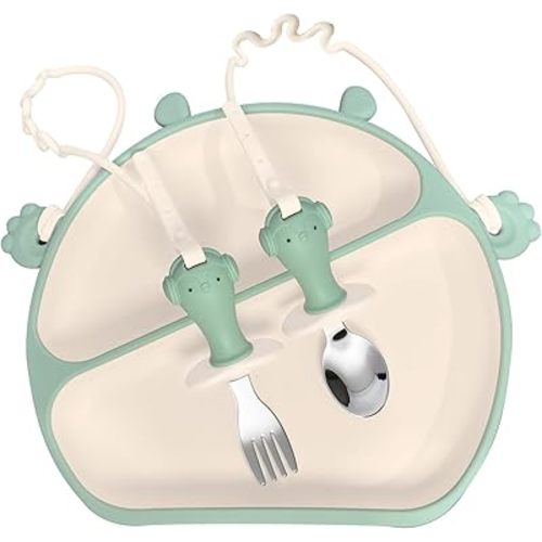 Upgraded Suction Plates for Baby, with Divided Stainless Steel Spoon and Fork Silicone Toy Straps EAZMOM All-in-one Plates Silicone Placemat for Babies Toddlers Self Feeding - Green
