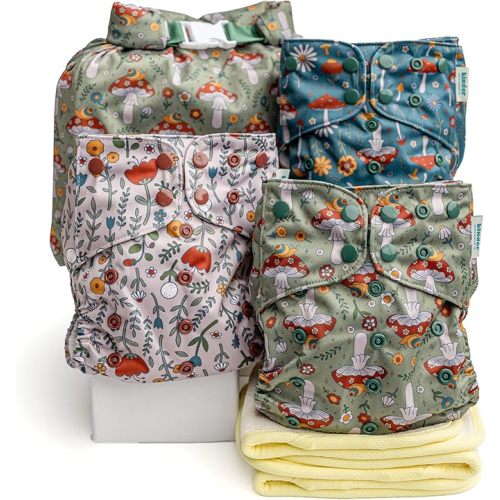 Kinder Cloth Diapers Reusable Baby Diapers Pocket Style Athletic Wicking Jersey, Bamboo Viscose Inserts, Wet Bag, Newborn to Potty Training 7-60lbs, One Size (Boho Mushrooms, 3 Pack, with Inserts)