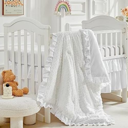 3 Pieces Tufted Crib Bedding Set with Ruffle Fringe, White Ruffled Comforter with Fitted Sheet and Bed Skirt , Soft and Embroidery Shabby Chic Boho Bohemian Jacquard Design for Baby Girls Boys