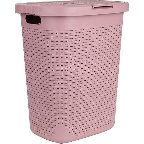 Mind Reader 50L Slim Laundry Hamper Clothes Basket with Lid, 21"H x 13-3/4"W, Pink