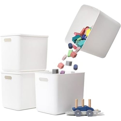 Plastic Storage Baskets Bins Boxes With Lids,Organizing Container White Storage Organizer Bins For Shelves Drawers Desktop Playroom Classroom Office,4-Pack