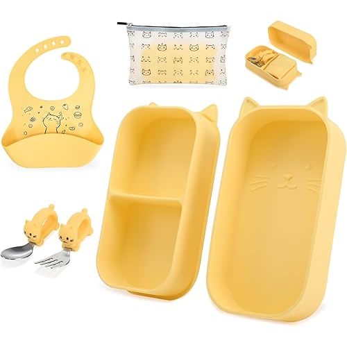 Portable Baby Plates with Suction, 6Pcs Travel Silicone Feeding Set for Toddlers, Foldable, Non-Slip Dishwasher Safe Plates & Utensils, BPA Free, Cat Design Gift Ready(Pale Yellow)