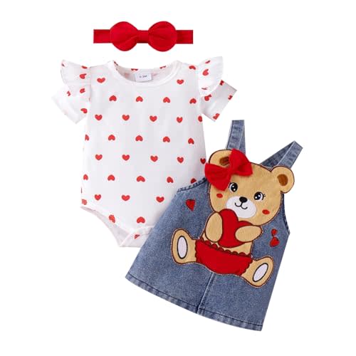 TOKIAGO Baby Girl Clothes Outfits Summer Cute Little Bear Romper + Shorts + Butterfly Tie Hair Band Set 0-18 Months