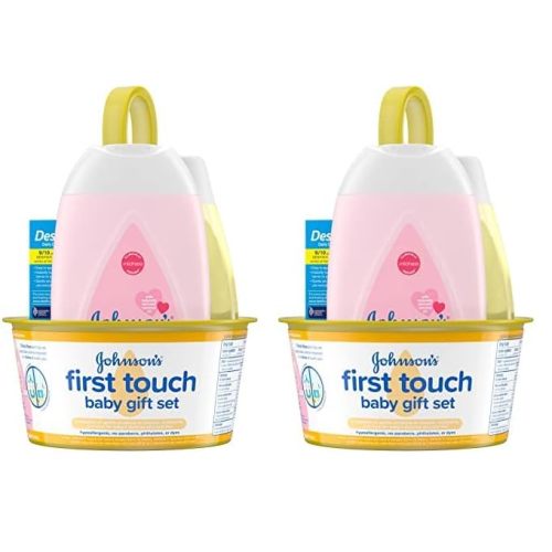 Johnson's First Touch Baby Gift Set, Baby Bath, Skin & Hair Essential Products, Kit for New Parents with Wash & Shampoo, Lotion, & Diaper Rash Cream, Hypoallergenic & Paraben-Free, 4 items (Pack of 2)