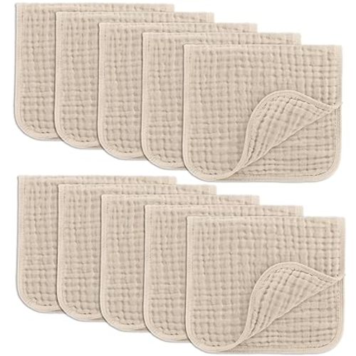 Comfy Cubs Muslin Burp Cloths 20" x 10", Pack of 10 - Large, 6-Layer, Ultra Absorbent 100% Cotton for Baby Drool and Messes - Soft, Safe & Gentle Baby Burp Cloths for Boys & Girls - Sand