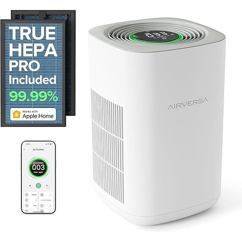 Airversa Air Purifier for Home Bedroom Large Room 1050 Sq Ft Air Filters Up to 99.99% PM2.5 Display Smart Air Cleaner Works with HomeKit for Baby Pet Desktop Office, AP2-2025
