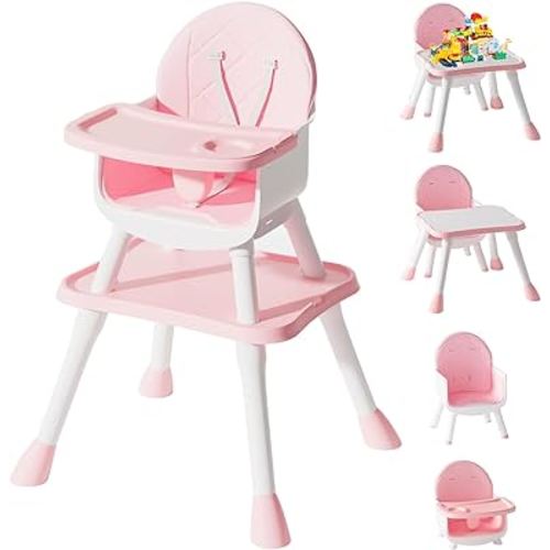 6 in 1 Baby High Chair, Convertible Highchair for Babies and Toddlers (Pink)