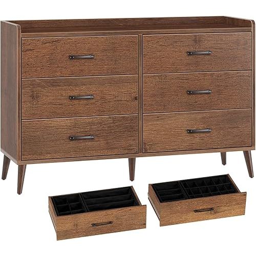 Rolanstar Drawer Dresser Quick Install, 6 Wooden Drawers Storage Dresser with Set of 4 Foldable Drawer Dividers, Mid Century Rustic Chest of Drawer with Anti-Tipping Device, Bedroom, Brown