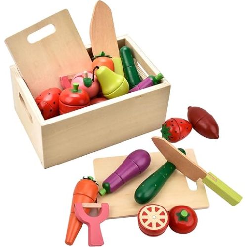 Wooden Play Food for Kids Kitchen - Toys Food Vegetables and Fruit for 2 Year Old Boys Girls Role Pretend Play Early Education Montessori Education