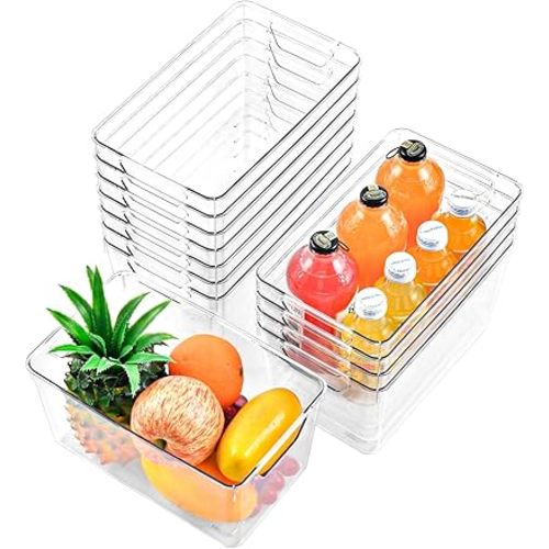 12 Pack Middle Organizers and Storage, Pantry Organization and Storage Bins, Cabinet Organizer, Clear Plastic Storage Containers with Handle,Acrylic Storage Bins for Cabinet, Fridge