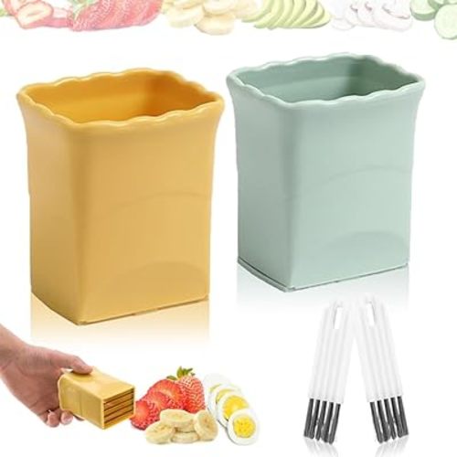 Fruit Slicer Cup 2 PCS, Egg Cutter, Strawberry Banana Chopper, Creative Kitchen Gadget for Making Vegetable Salad, Dishwasher Safe (Green + Yellow)