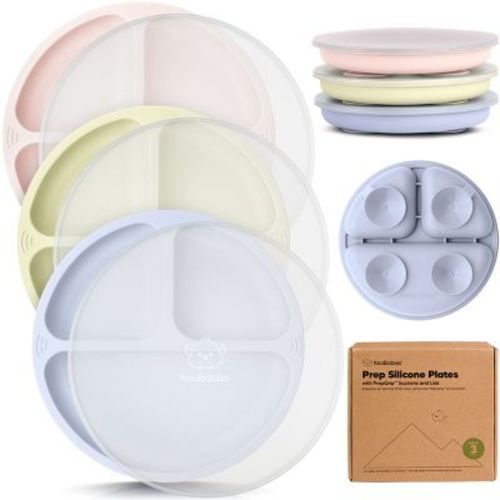 3-pack Prep Suction Plates With Lids, 100% Silicone Baby Plates With Lid, Bpa-free Kids Divided Toddler Plates (amethyst)