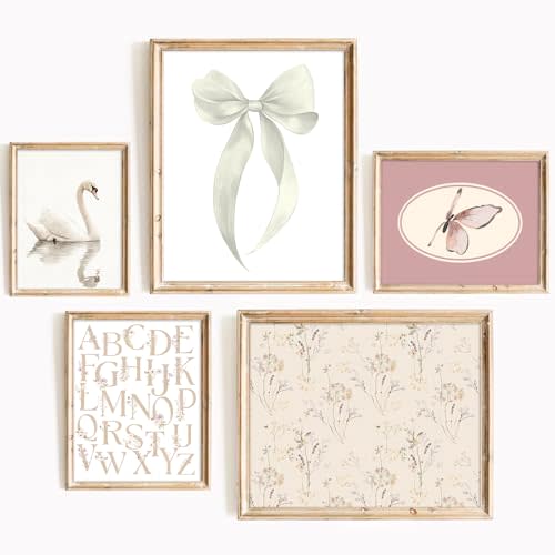 Girl Nursery Wall Art Vintage Canvas Wall Decor Baby Room Pictures Floral Swan Art Prints White Bow Poster Pink Butterfly Painting Vintage Nursery Artwork for Girls Room Bedroom 8x10x5 Inch Unframed