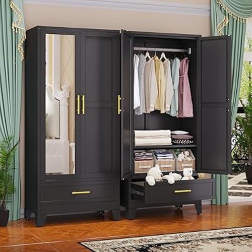 Steel Armoire Wardrobe Closet with Mirror Doors, 71" Household Wardrobe Cabinet with Hanging Rod and Drawer, Metal Clothing Storage Cabinet with Adjustable Shelf for Bedroom, Cloak, Gym(Black)