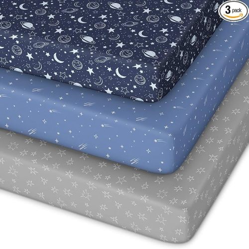 Pack and Play Sheets Fitted 3 Pack, Mini Crib Sheets for Pack N Play Mattress Stretchy Portable Playard Sheets, Soft Breathable Blue Gray Planet