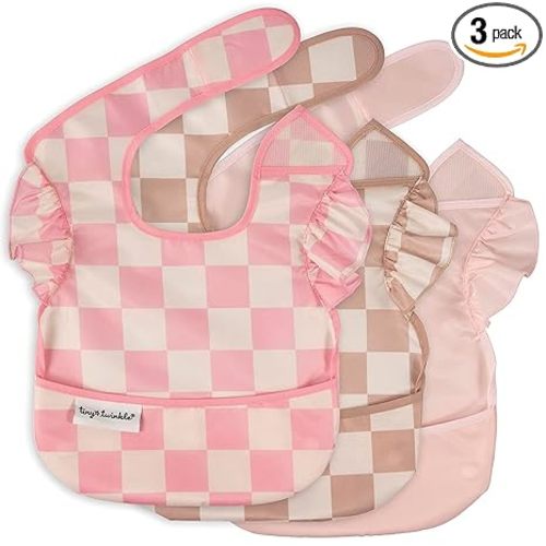 Tiny Twinkle Mess-Proof Baby Bibs for Eating | Waterproof, Wipeable Toddler Bibs with Catch-All Pocket | Feeding Bibs for Girls & Boys(3 Pack,Checkers Girl)
