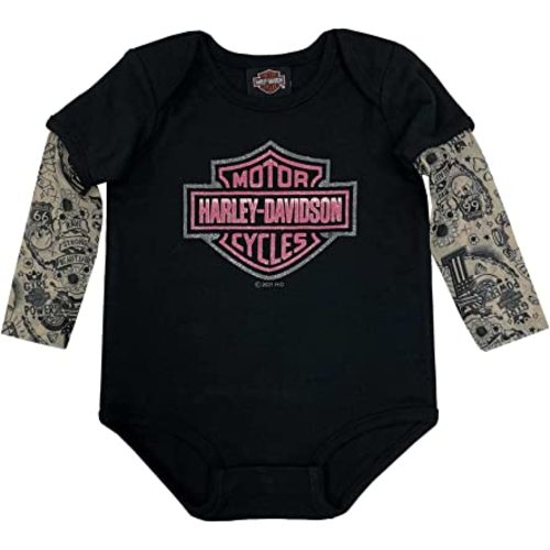 Harley-Davidson Baby Girls' Glitter B&S Mesh Tattoo Long Sleeve Creeper - Black