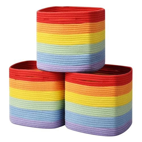 Gocjuaza 3 Pack Storage Cubes 11 Inch Cotton Rope Woven Baskets for Organizing Cube Bin Square Shelves Organizer,Classroom,Kids Toy Bins,Closet,Baby Nursery(Rainbow)