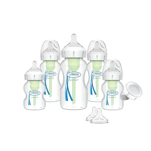Dr. Brown's Natural Flow Anti-Colic Options+ Wide-Neck Baby Bottle Newborn Feeding Set with Baby Bottle Travel Caps