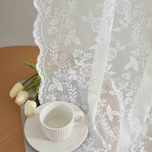 FINECITY Lace Curtains 63 Inch Length for Bedroom, Rustic Leaf Floral Design Lace Curtain Panels, Rod Pocket Farmhouse Privacy Window Sheer Lace Curtains, 42 x 63 Inch, 2 Panels, Ivory
