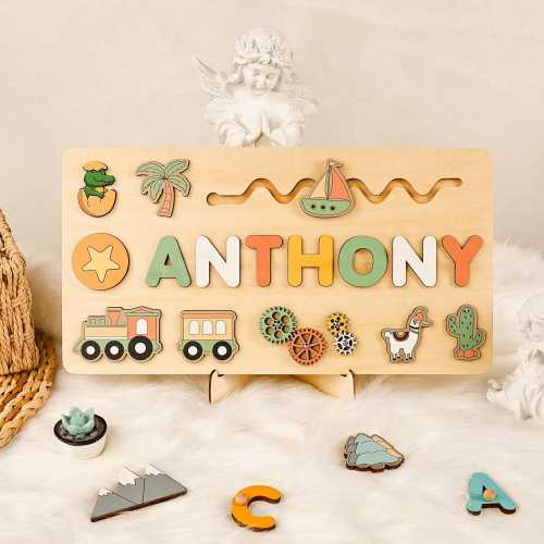 Personalized Kids Busy Board, Sensory Toy 2 Year-Old, Crocodile/Train Wooden Puzzle, Baby Name Puzzle, Nursery Decor, Unique Birthday Gift