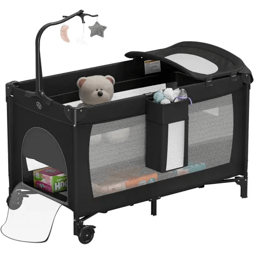 Large Pack and Play, Baby Bed Portable Crib with Diaper Changing Table Mattress Hanging Toys & Decor, Travel Bassinet Bedside Sleeper Playard from Newborn to Toddlers