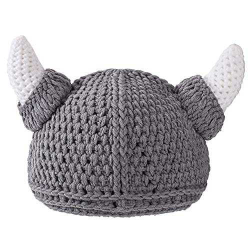 Baby Viking Knit Hat with Horns Barbarian Cute Beanie Hat Adult Crochet Handmade Knitted Cap Gray
