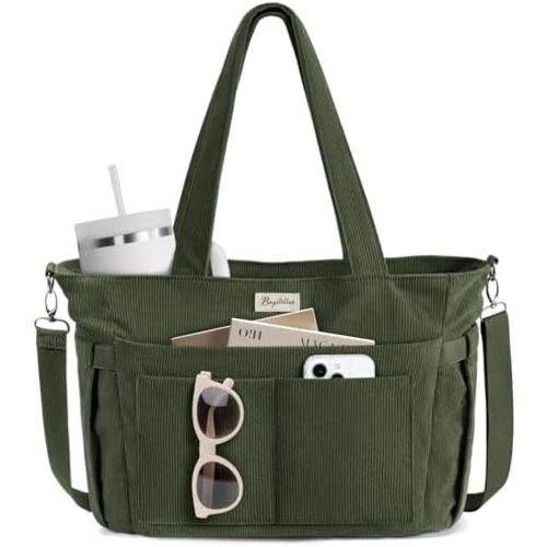 Corduroy Tote Bag for Women, 17 Pockets Laptop Work Tote Bag Lightweight Teacher Nurse Bible Bag for School Travel
