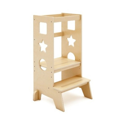 Guidecraft Jr. Classic Kitchen Helper Step-Up - Natural: Wooden Montessori Toddler Tower, Adjustable Height Bathroom Stool for Kids