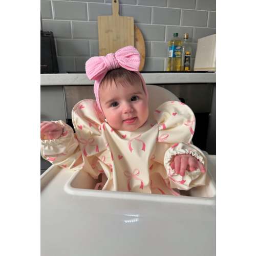 Light Pink Bow Print Frill Detailed Waterproof Bib with Sleeves
