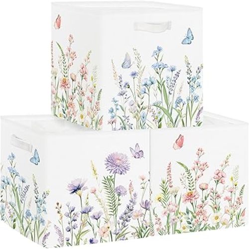 11.8" Wild Flower Storage Cube Organizer Set 3Pcs Clothes Storage Basket Bin for Closet Shelf Garden Butterfly Nursery Kid Room Book Toy Chest, Plant Bush