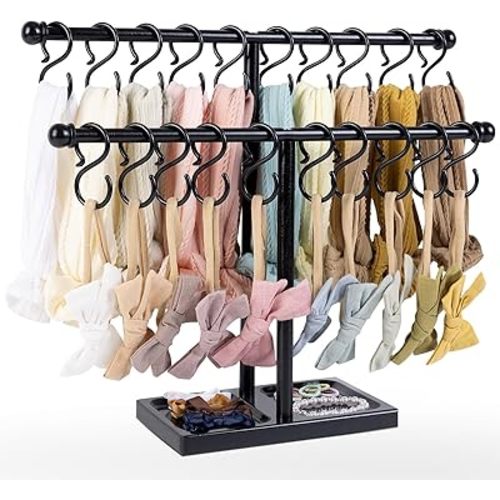 POVETIRE Headband Holder Stand Storage for Baby, 2 Tier Wooden Bow Organizer for Girls Hair Bows, Infant Hair Accessories Rack Display for Nursery Decor