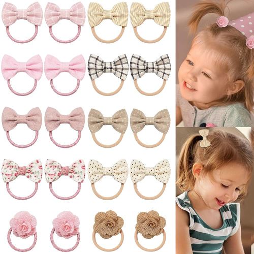 20Pcs Boutique Baby Girl Hair Ties with Flowers Bow, Hair Bow Ties for Toddler Girls, Elastics Ponytail Holders Pigtails Rubber Bands Hair Accessory