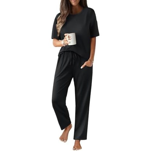 JiniGolla Women's Pajamas Sets Soft Short Sleeve Top and Long Pants 2 Piece Loungwear with Pocket