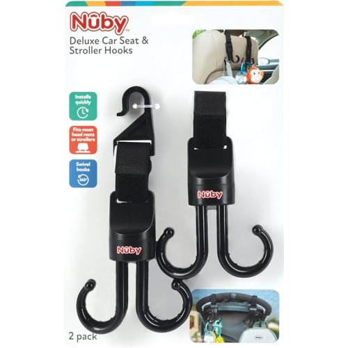Nuby 2-in-1 Deluxe Adjustable Baby Stroller & Car Seat Hooks for Hanging Bags, Toys- Hang or Remove Items from Hooks with one Hand/ 2 Pack – 8 Hooks Total, Black