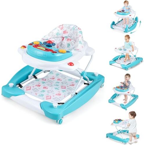 BABY JOY 6-in-1 Baby Walker, Baby Walker with Wheels, Adjustable Height, Music, Lights, Rocker Mode, Baby Activity Walker, Baby Walker and Bouncer Combo, Baby Walker for Boys Girls 6-14 Months (Green)
