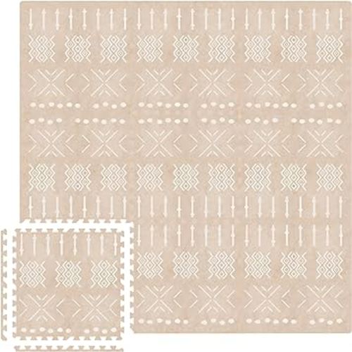 MOON WALKERS Stylish Boho Baby Play Mats for Floor, (6x6ft) Play Mat for Babies and Toddlers, Non-Toxic, Soft, Thick, Tummy Time Mat for Crawling (Extra Large 9 Tiles, Beige Aztec)