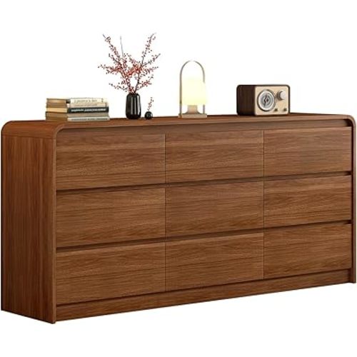 Modern 9 Drawer Dresser, 63-Inch Wood Chest of Drawers, Curved Anti-Collision Design, Mid-Century Storage Cabinet, Pre-Embedded Slots, Natural Texture, for Bedroom, Living Room, TV Stand