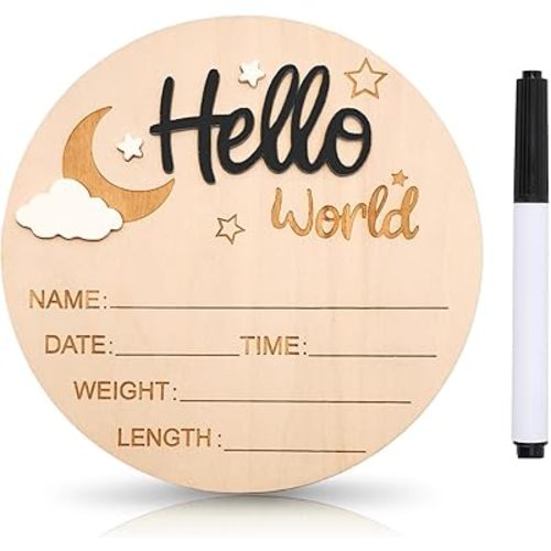 Baby Announcement Sign, 5.9 Inch Wooden Hello World Newborn Signs, Birth Announcement Sign and Pen, Moon and White Cloud Decoration, Welcome Newborn Arrival to World, Hospital Nursery for baby (Black)
